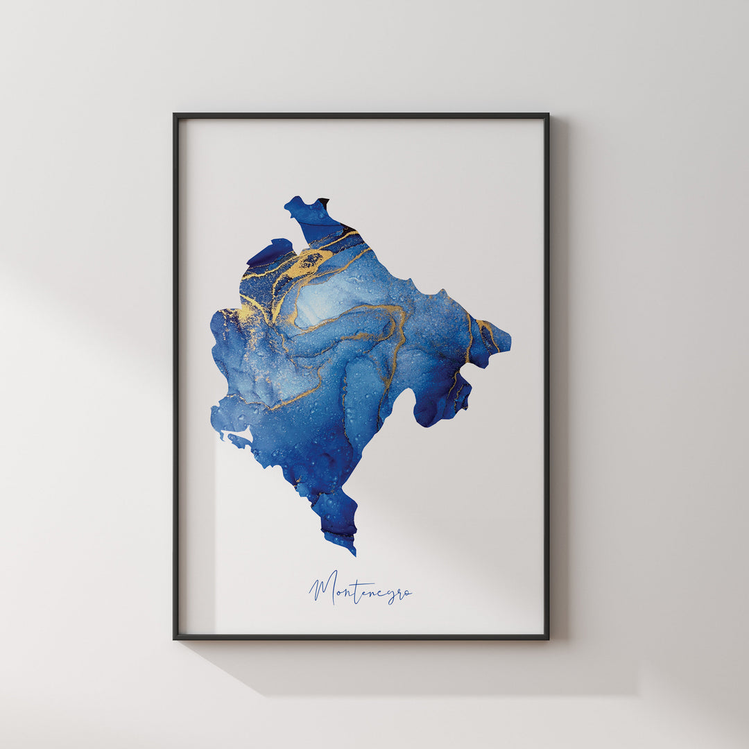 Montenegro Map Blue and Gold Wall Art Print