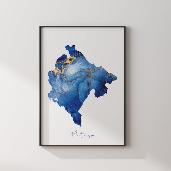 Montenegro Map Blue and Gold Wall Art Print