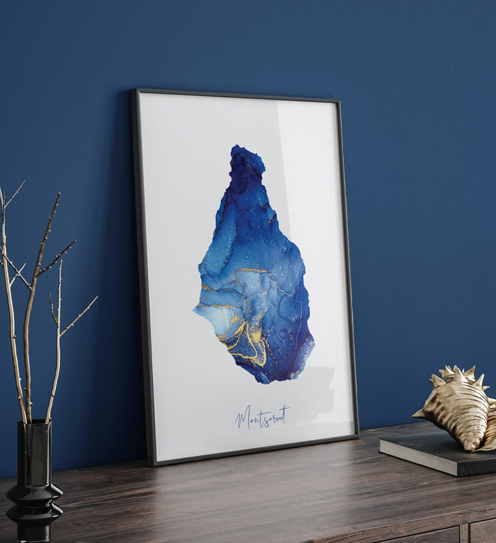 Montserrat Map Blue and Gold Wall Art Print