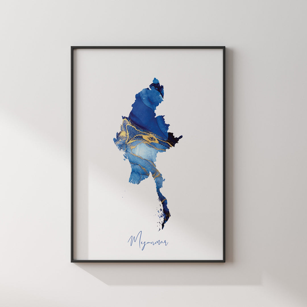 Myanmar Map Blue and Gold Wall Art Print