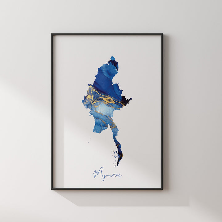 Myanmar Map Blue and Gold Wall Art Print