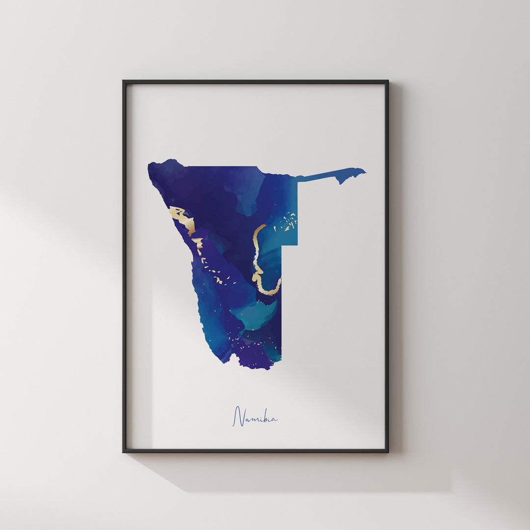 Namibia Map Blue and Gold Wall Art Print