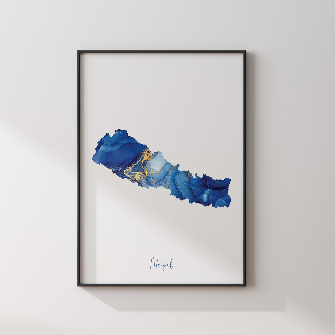 Nepal Map Blue and Gold Wall Art Print