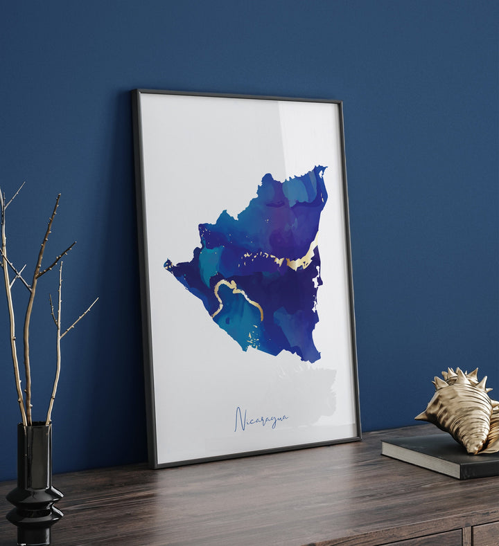 Nicaragua Map Blue and Gold Wall Art Print