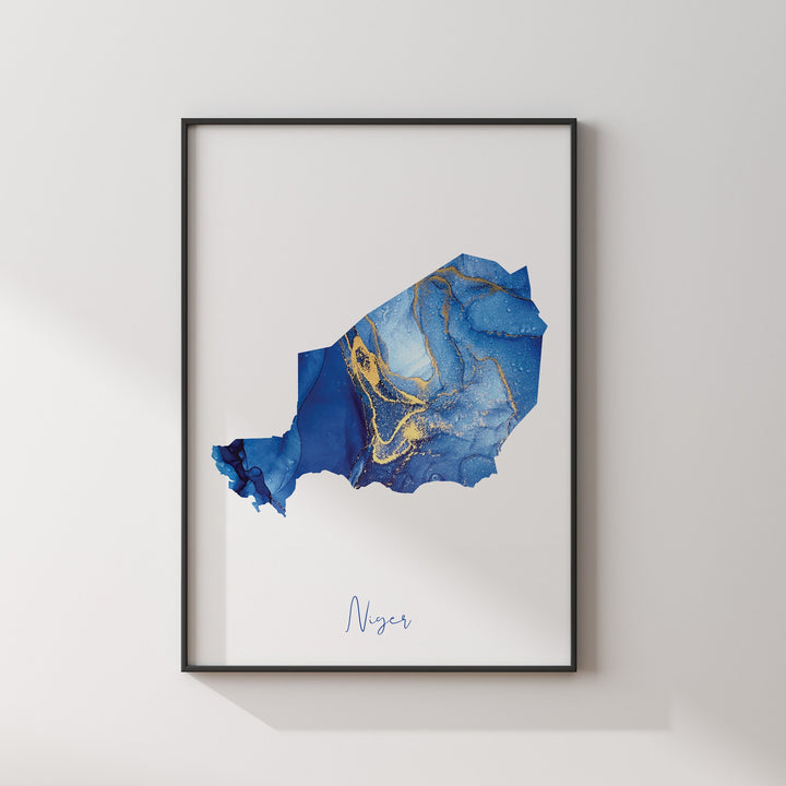 Niger Map Blue and Gold Wall Art Print