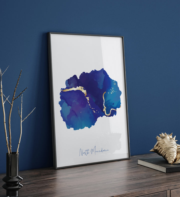North Macedonia Map Blue and Gold Wall Art Print