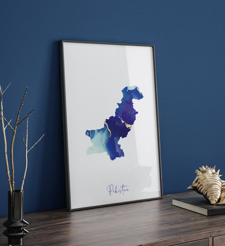 Pakistan Map Blue and Gold Wall Art Print