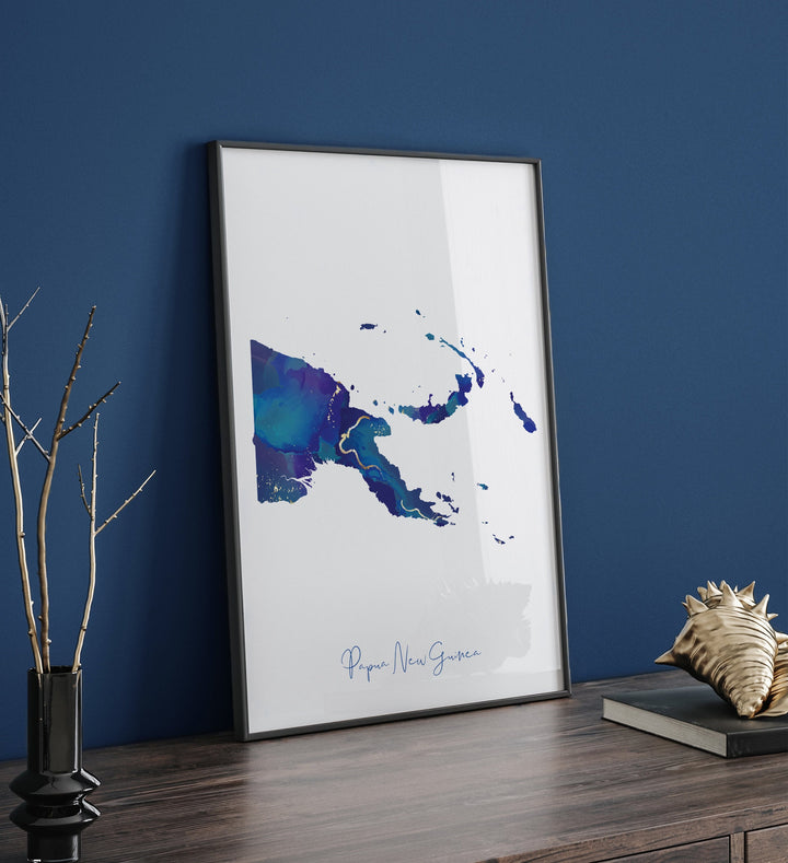 Papua New Guinea Map Blue and Gold Wall Art Print