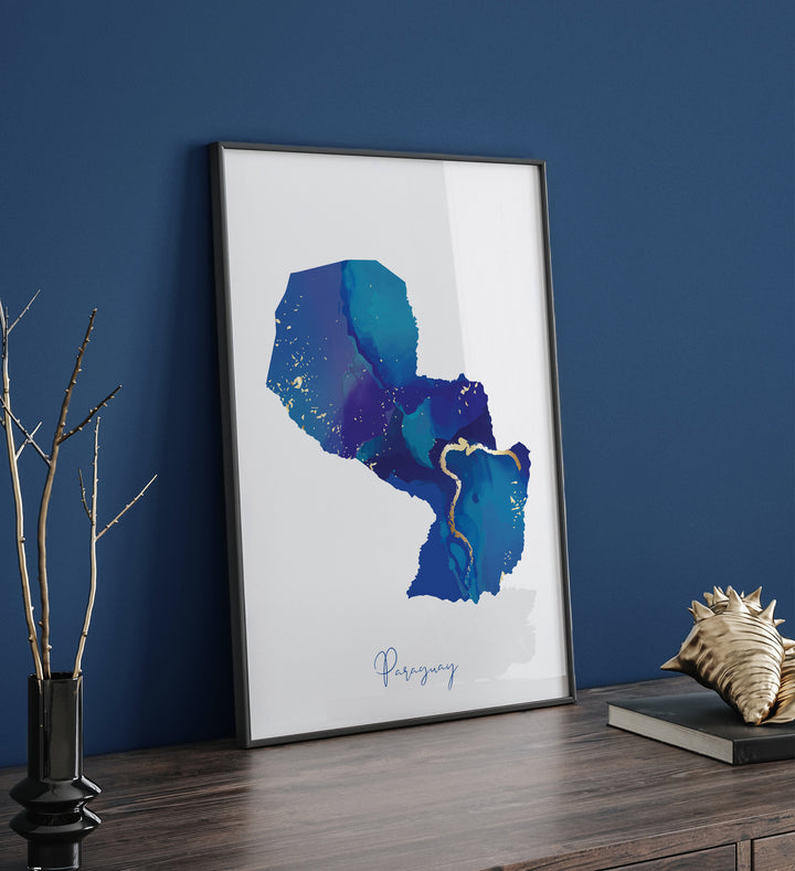 Paraguay Map Blue and Gold Wall Art Print