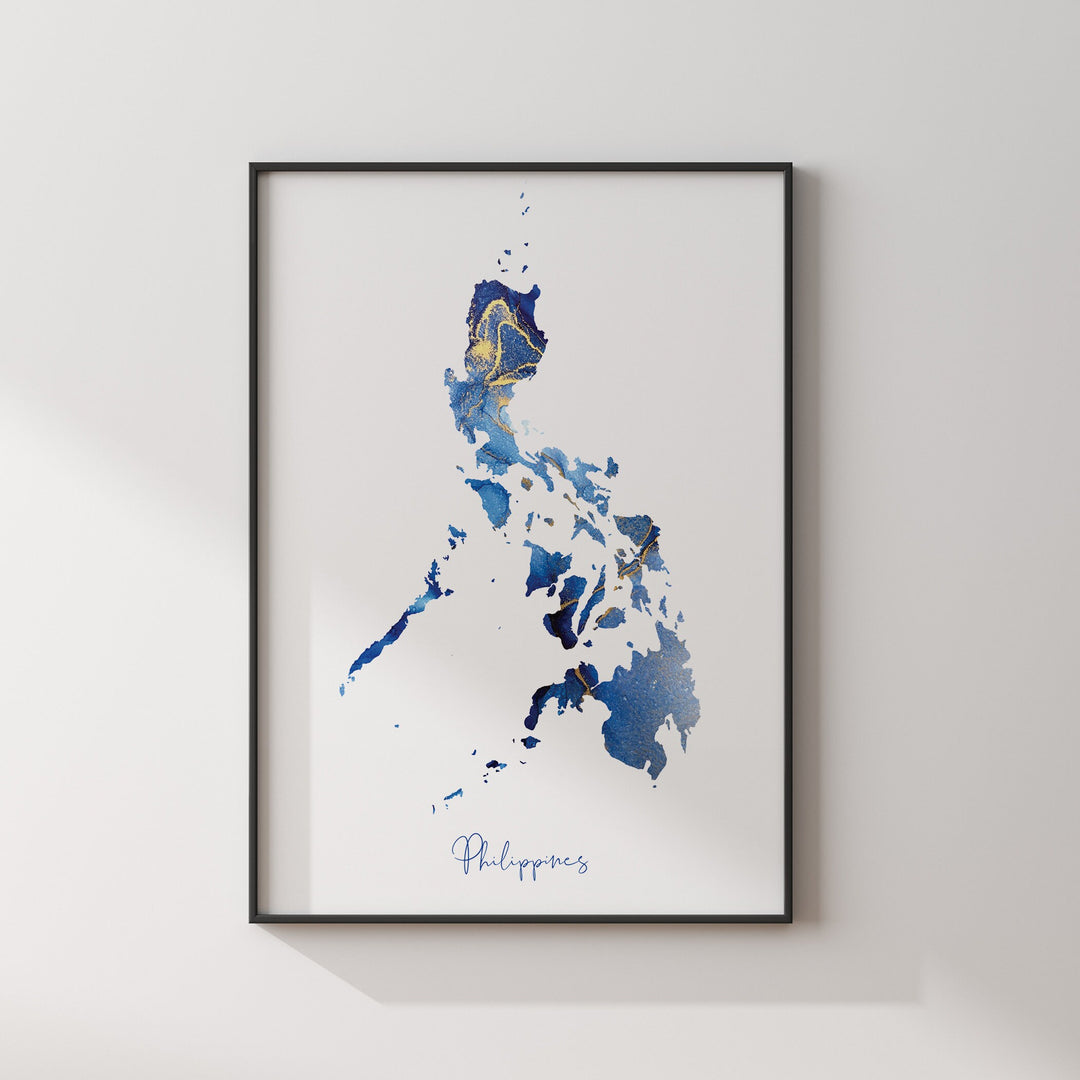 Philippines Map Blue and Gold Wall Art Print