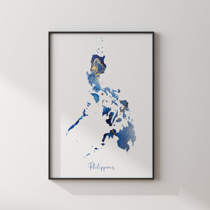 Philippines Map Blue and Gold Wall Art Print
