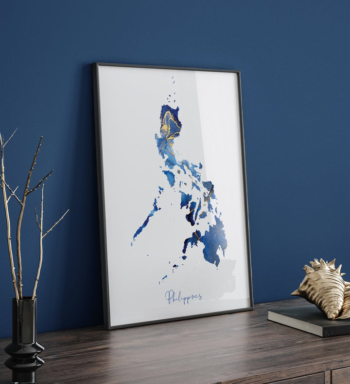 Philippines Map Blue and Gold Wall Art Print