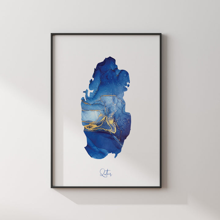 Qatar Map Blue and Gold Wall Art Print