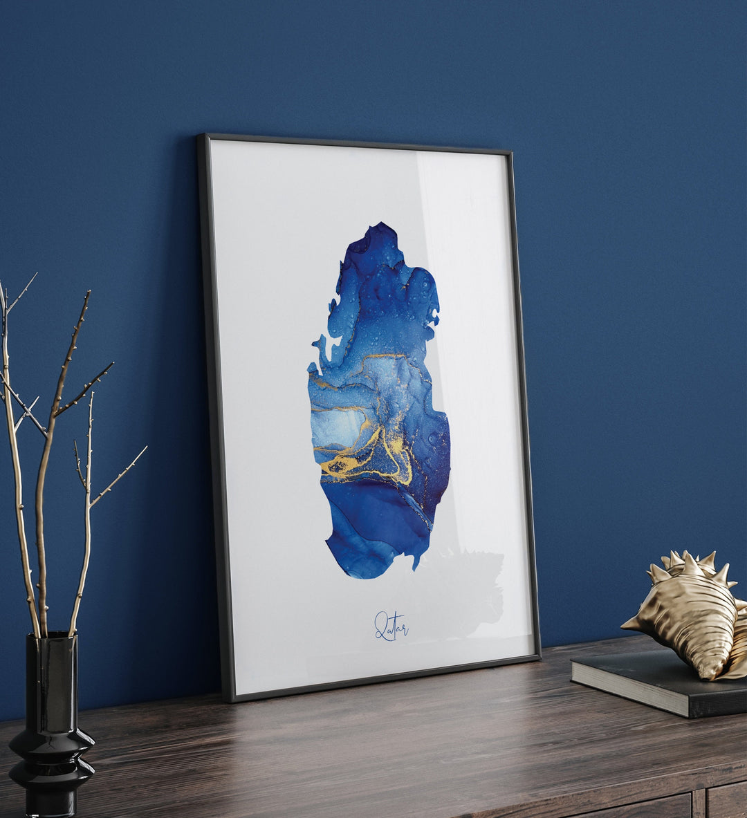 Qatar Map Blue and Gold Wall Art Print