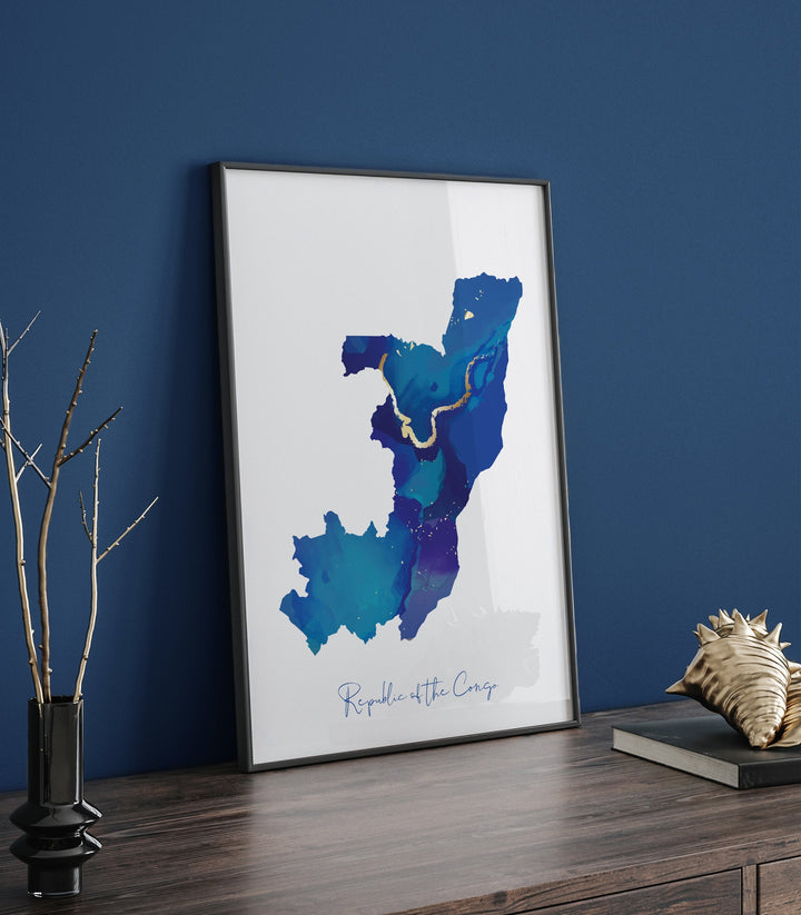 Republic of the Congo Map Blue and Gold Wall Art Print