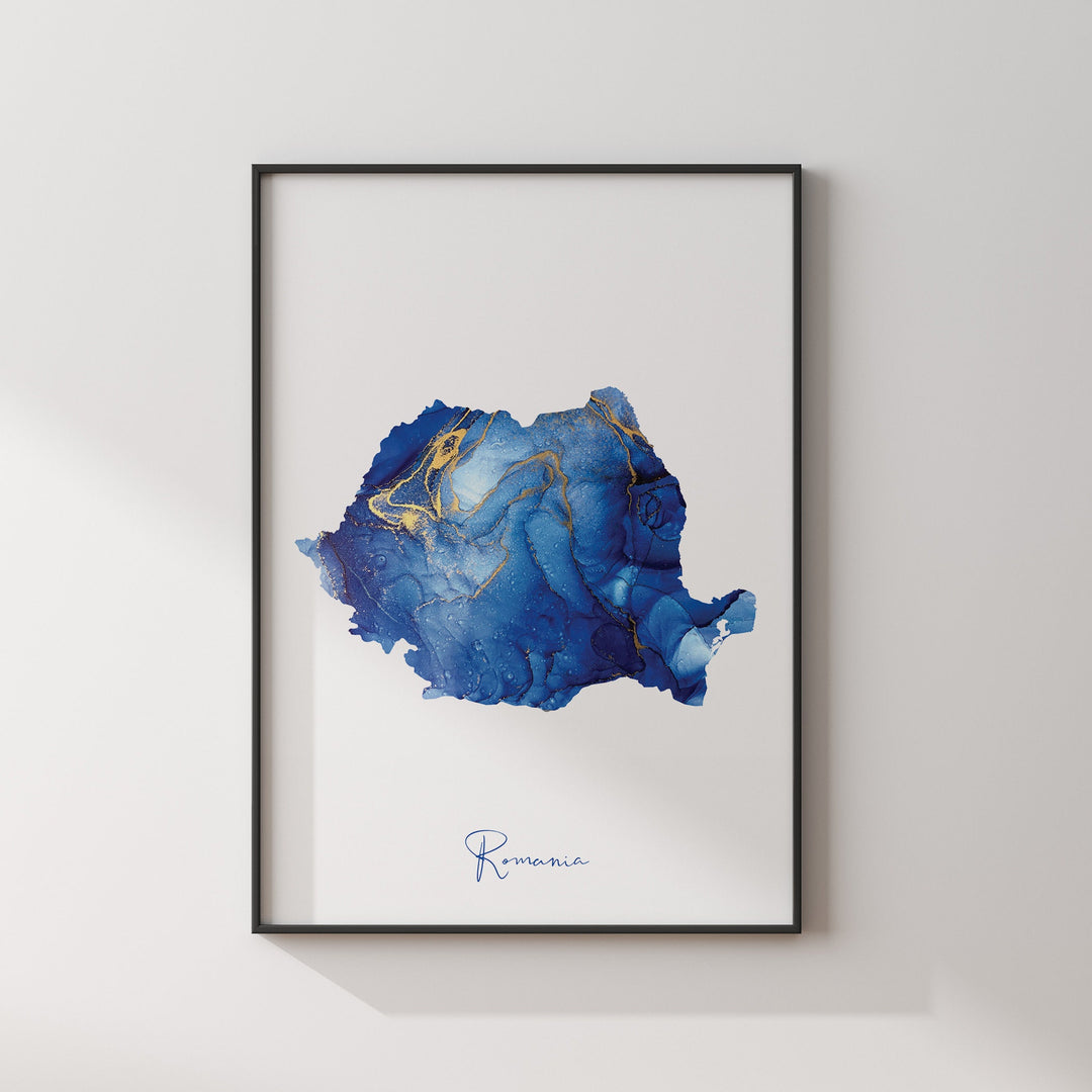 Romania Map Blue and Gold Wall Art Print