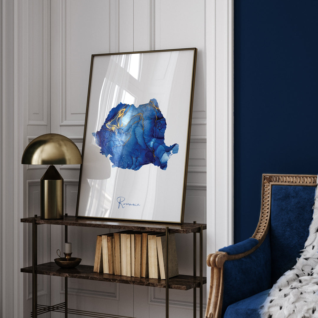 Romania Map Blue and Gold Wall Art Print