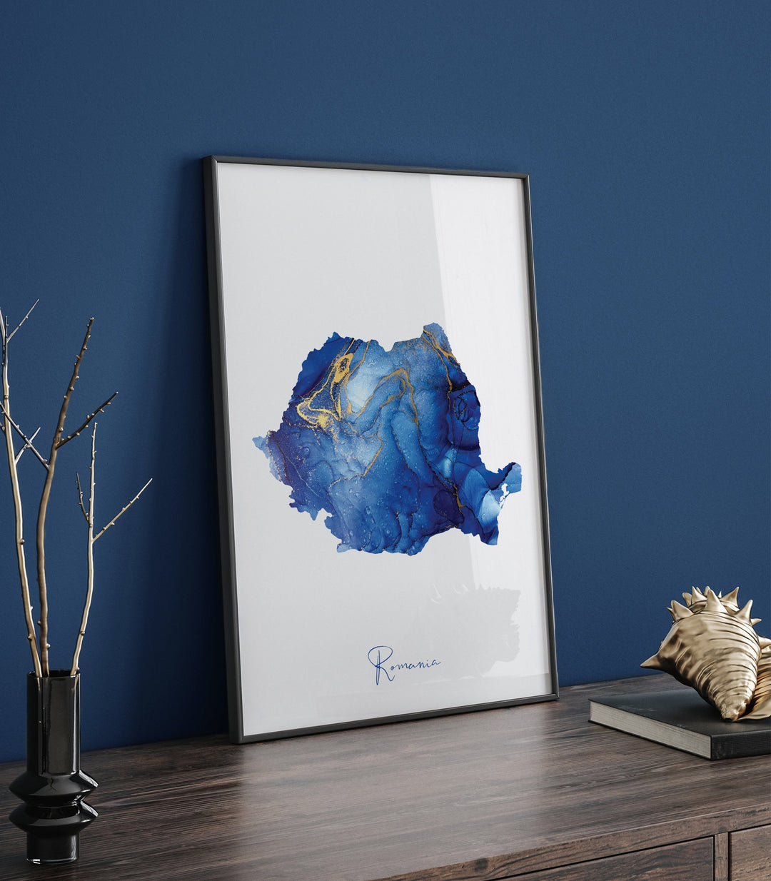 Romania Map Blue and Gold Wall Art Print