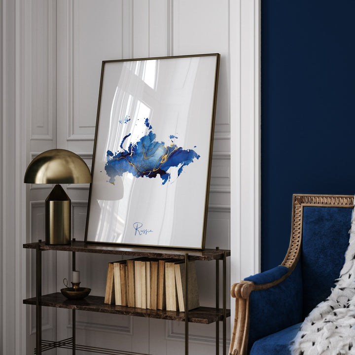 Russia Map Blue and Gold Wall Art Print