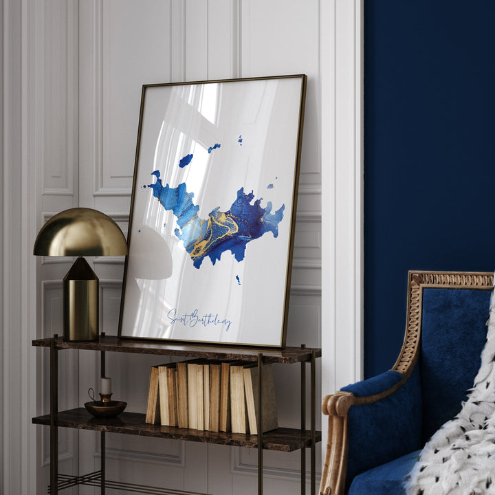 Saint Barthelemy Map Blue and Gold Wall Art Print