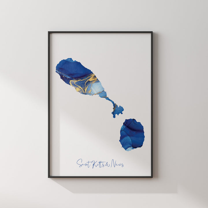 Saint Kitts & Nevis Map Blue and Gold Wall Art Print