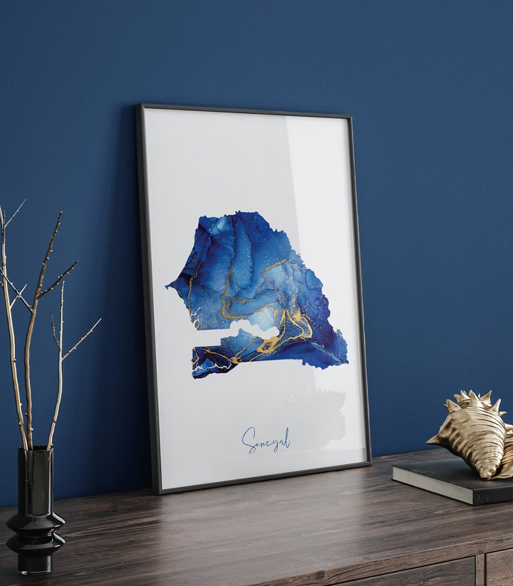 Senegal Map Blue and Gold Wall Art Print