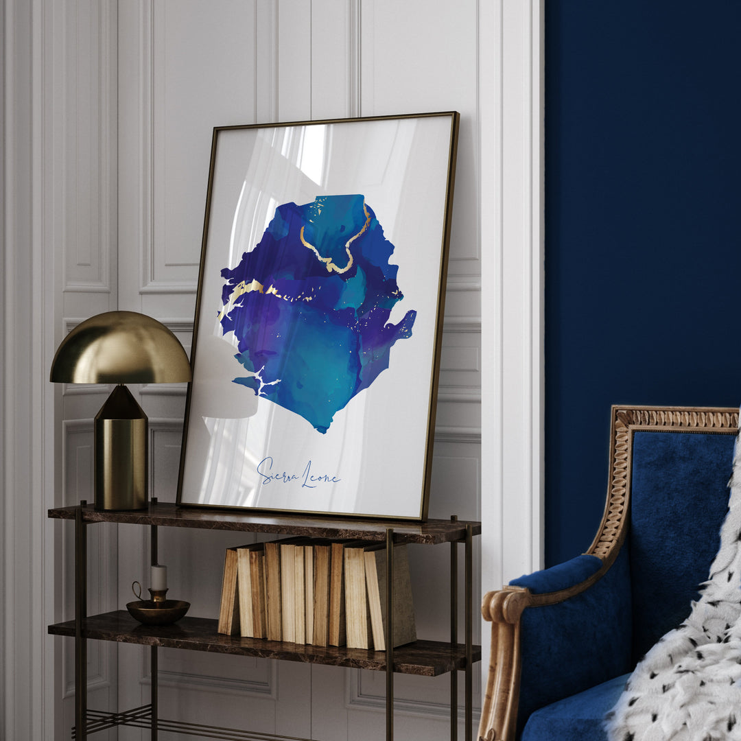 Sierra Leone Map Blue and Gold Wall Art Print