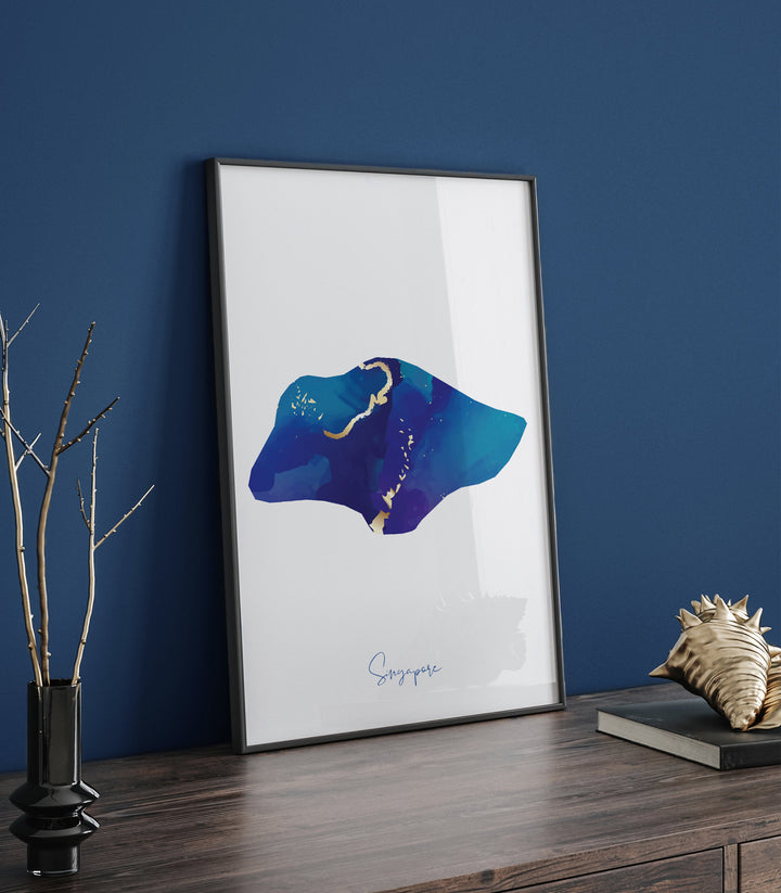 Singapore Map Blue and Gold Wall Art Print