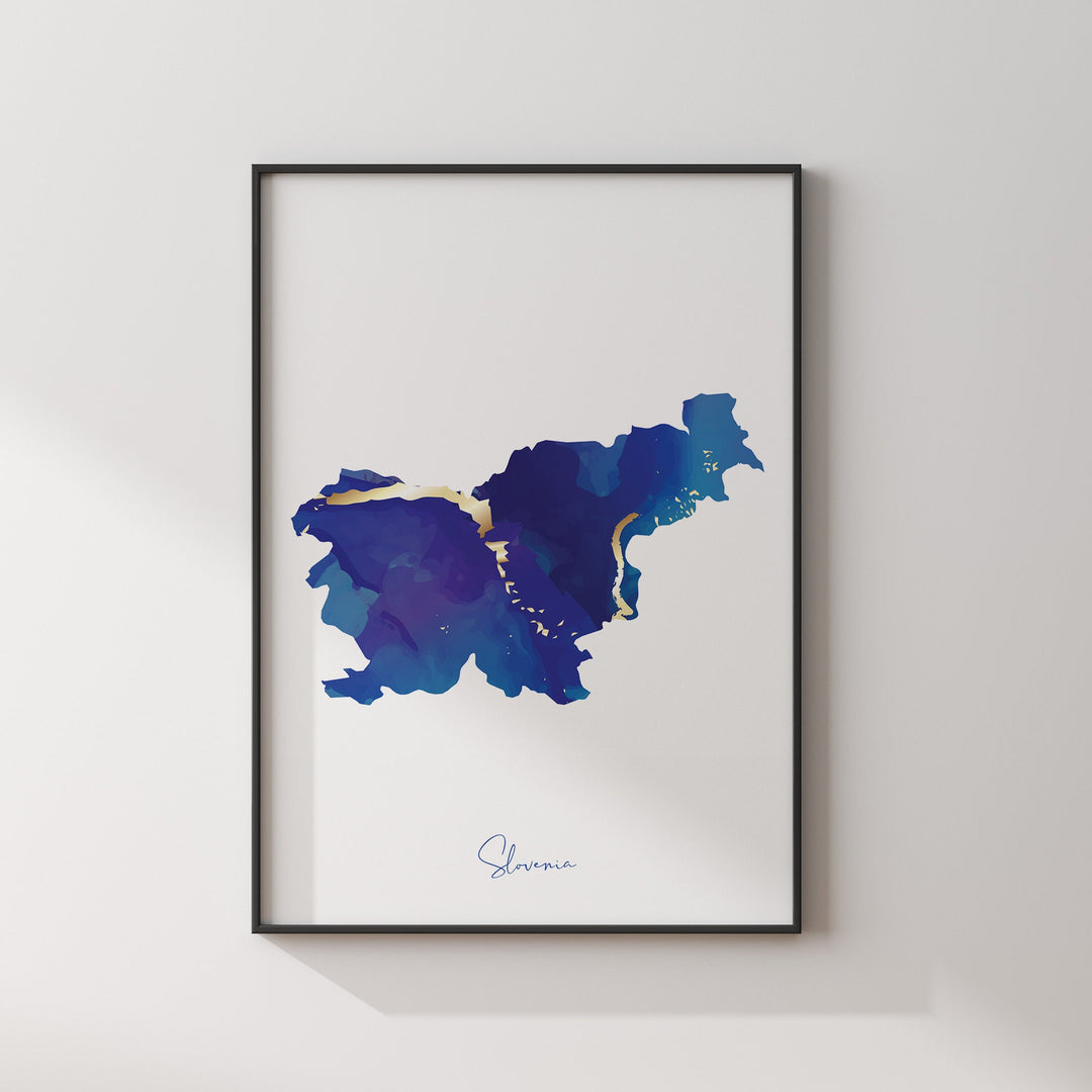 Slovenia Map Blue and Gold Wall Art Print