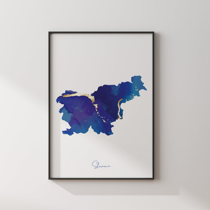 Slovenia Map Blue and Gold Wall Art Print
