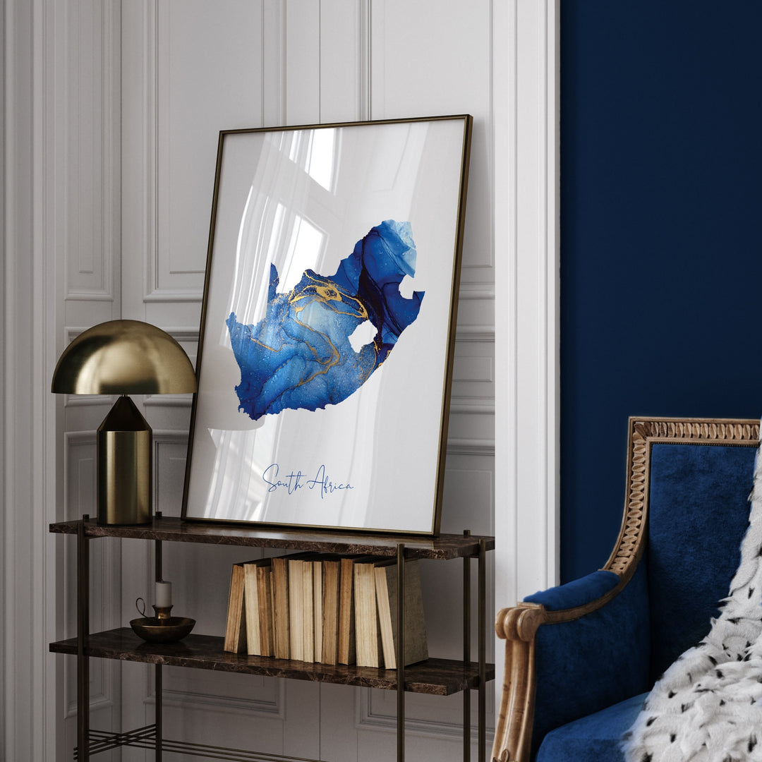 South Africa Map Blue and Gold Wall Art Print