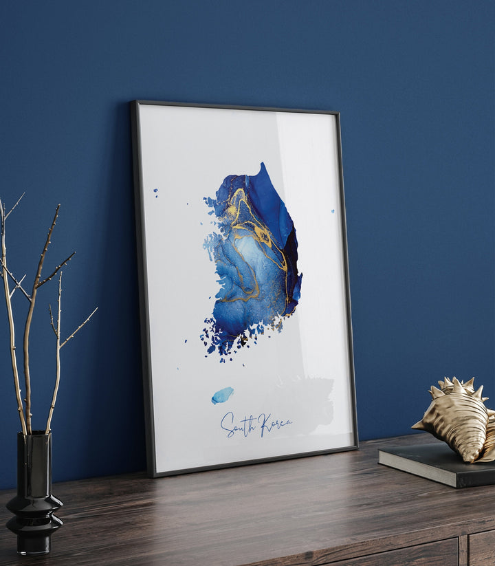 South Korea Map Blue and Gold Wall Art Print