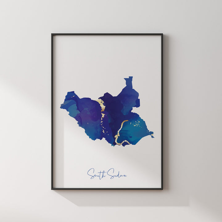 South Sudan Map Blue and Gold Wall Art Print