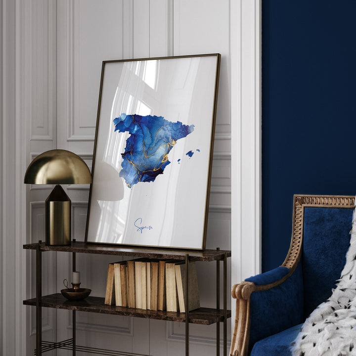 Spain Map Blue and Gold Wall Art Print