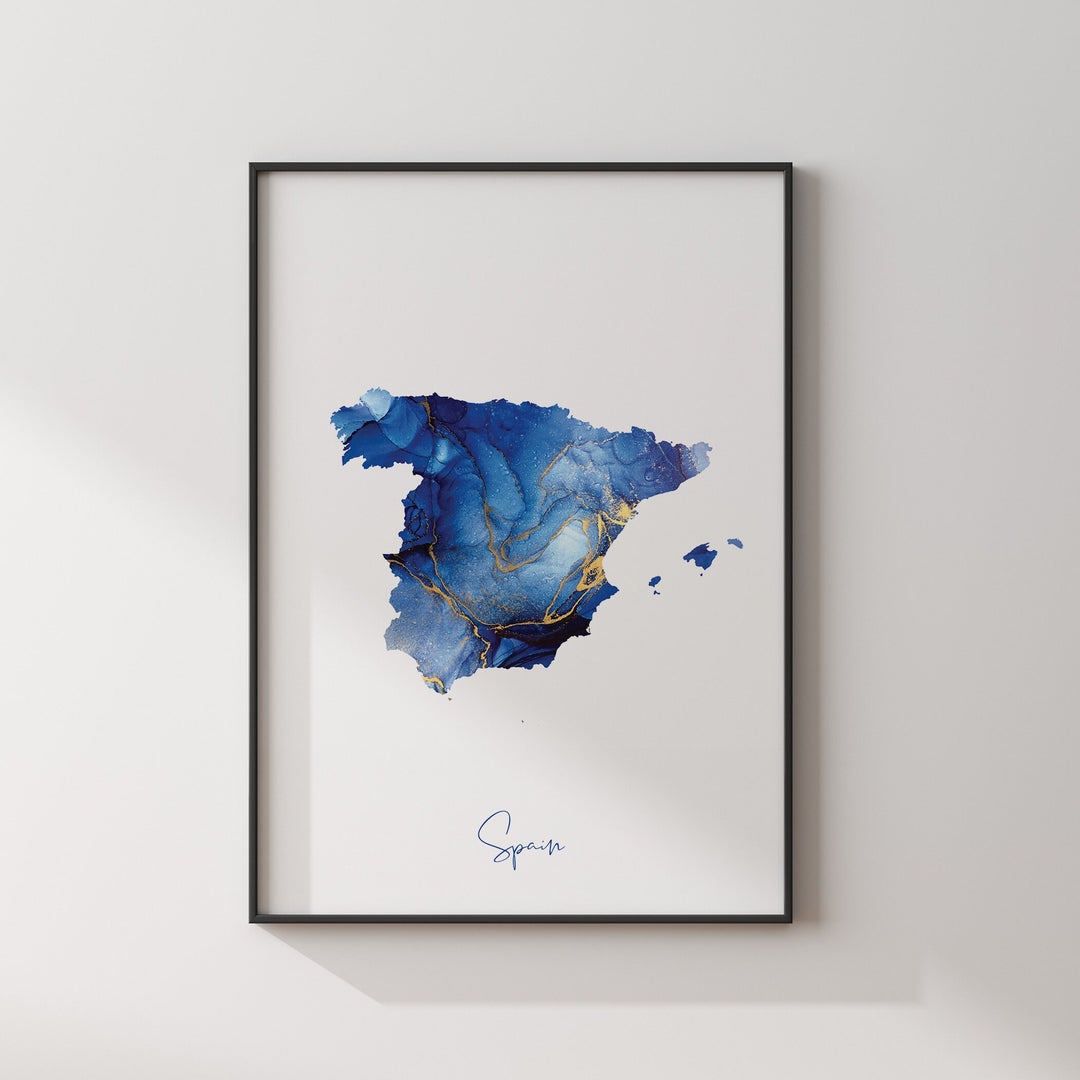 Spain Map Blue and Gold Wall Art Print