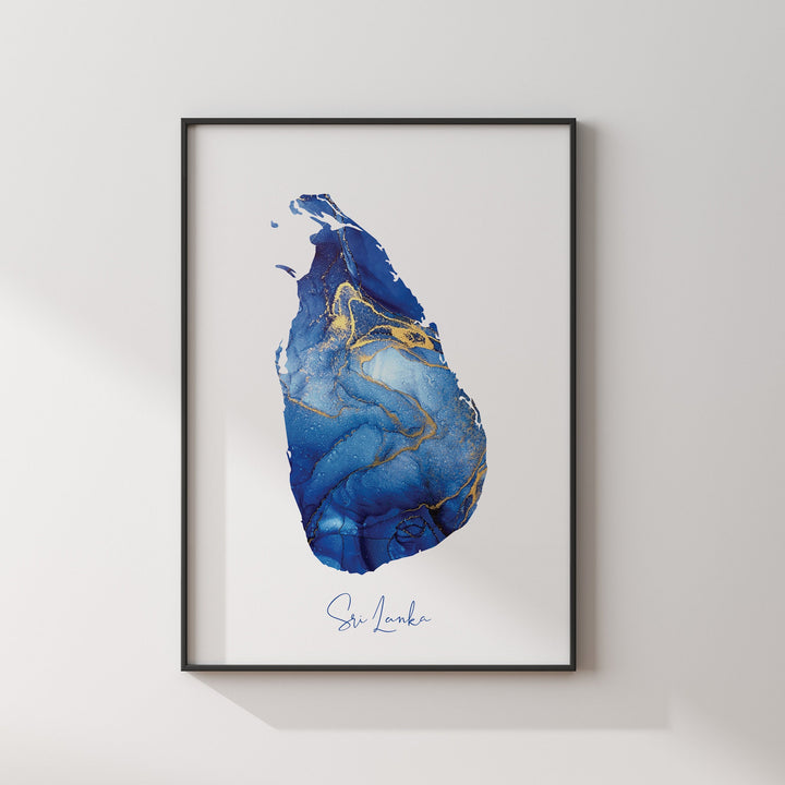 Sri Lanka Map Blue and Gold Wall Art Print