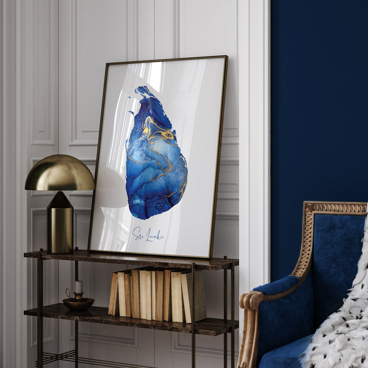 Sri Lanka Map Blue and Gold Wall Art Print