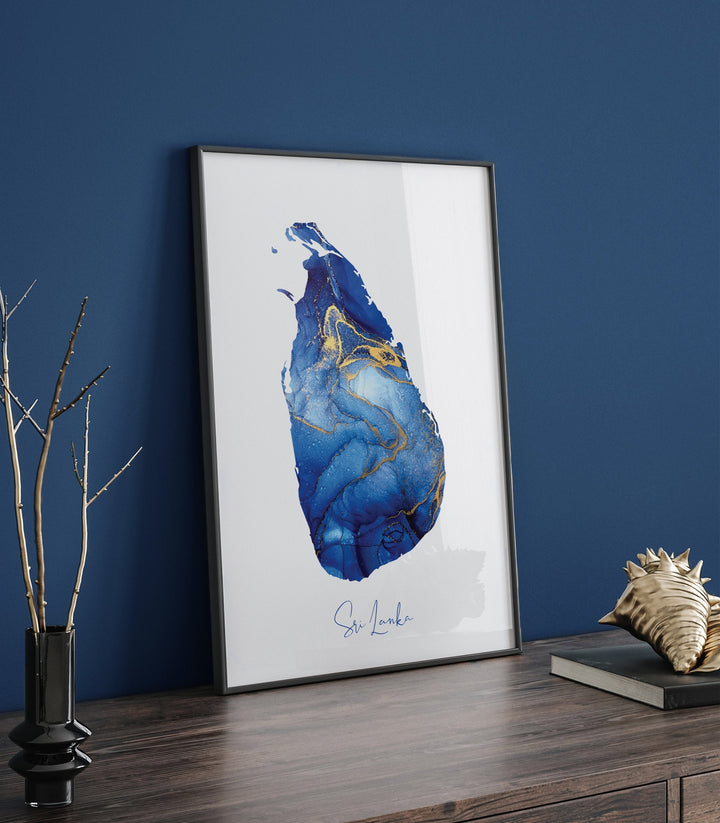 Sri Lanka Map Blue and Gold Wall Art Print