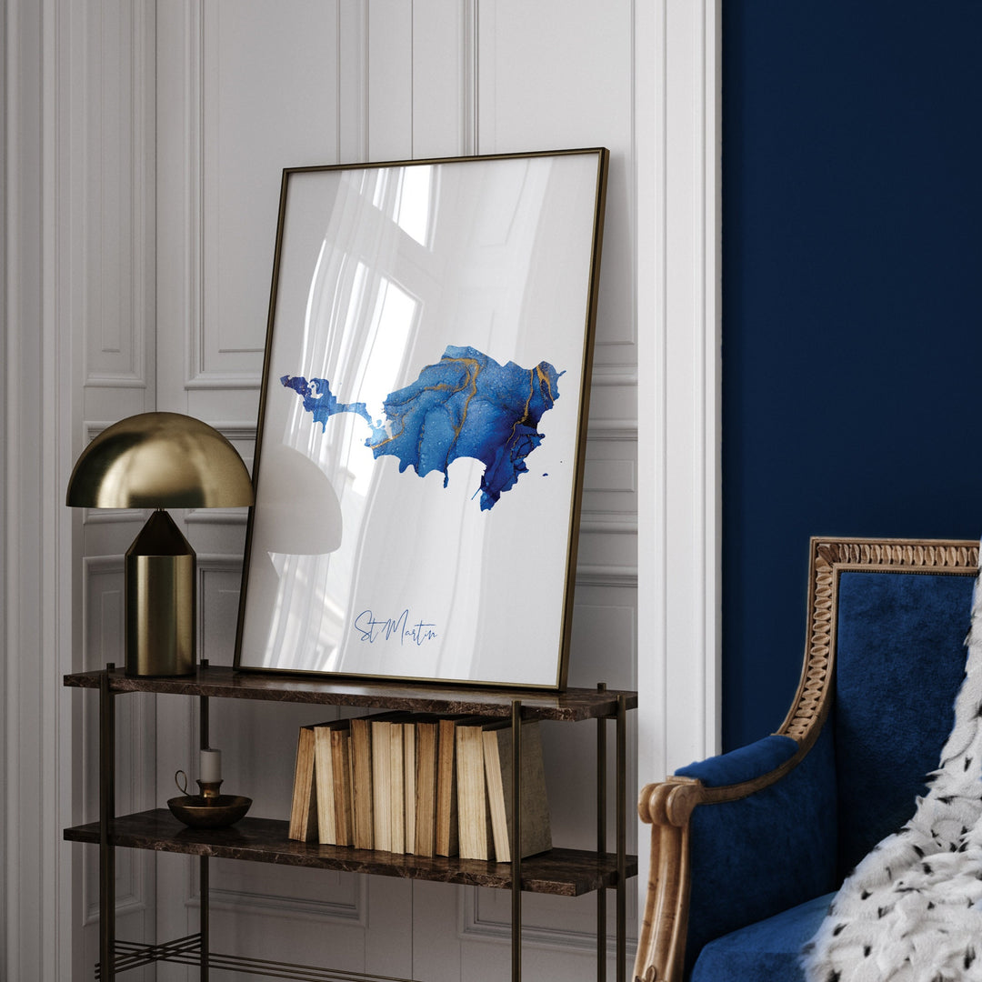 Saint Martin Map Blue and Gold Wall Art Print