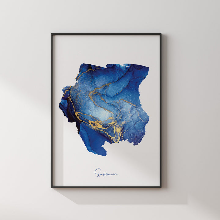 Suriname Map Blue and Gold Wall Art Print