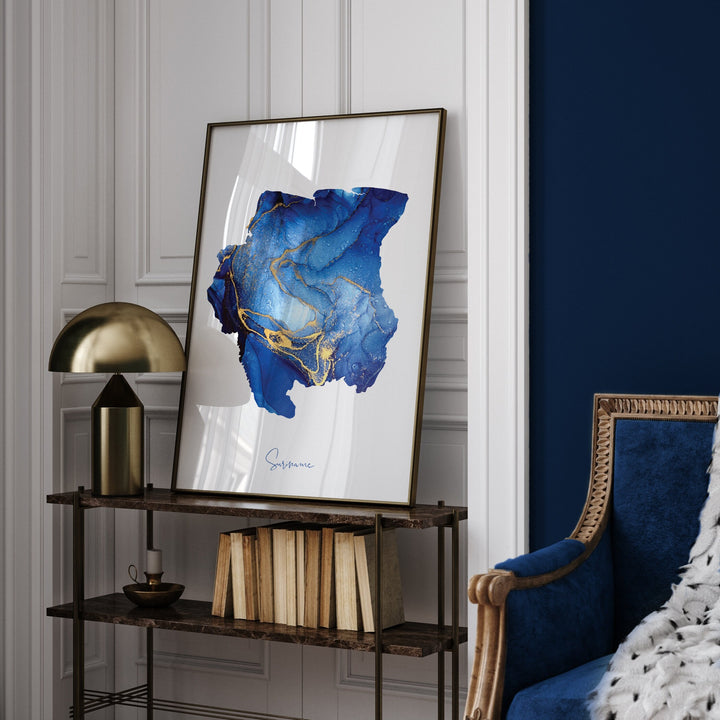 Suriname Map Blue and Gold Wall Art Print