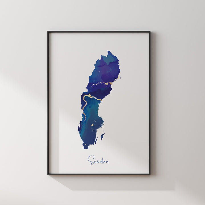 Sweden Map Blue and Gold Wall Art Print