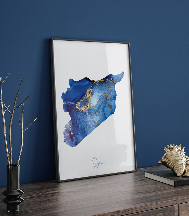 Syria Map Blue and Gold Wall Art Print