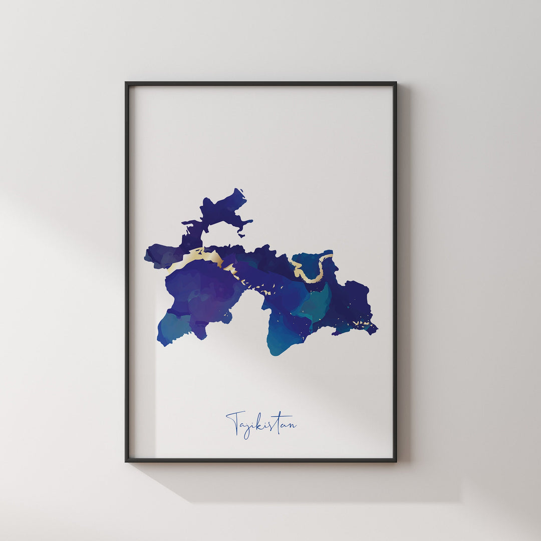 Tajikistan Map Blue and Gold Wall Art Print