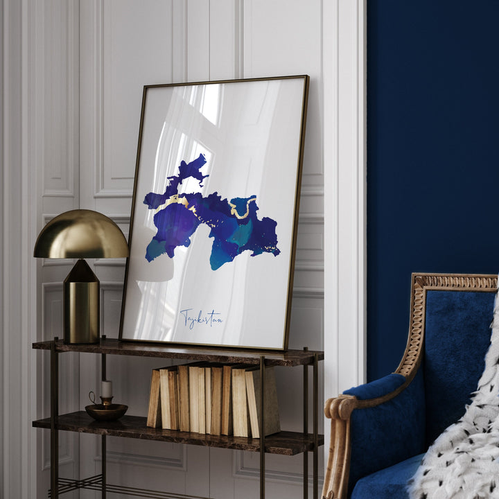 Tajikistan Map Blue and Gold Wall Art Print