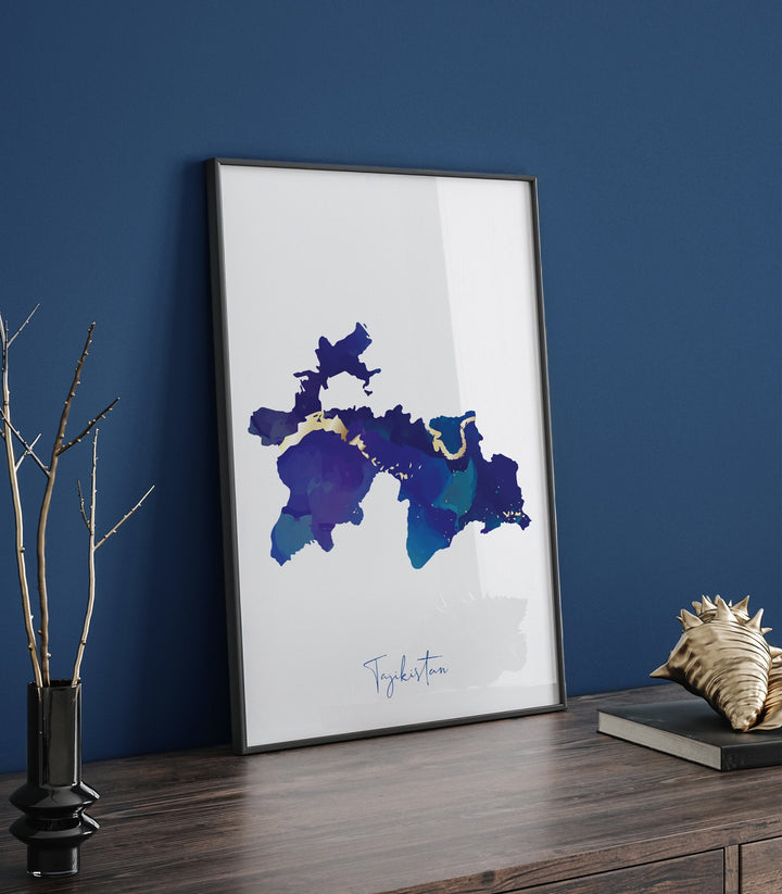 Tajikistan Map Blue and Gold Wall Art Print