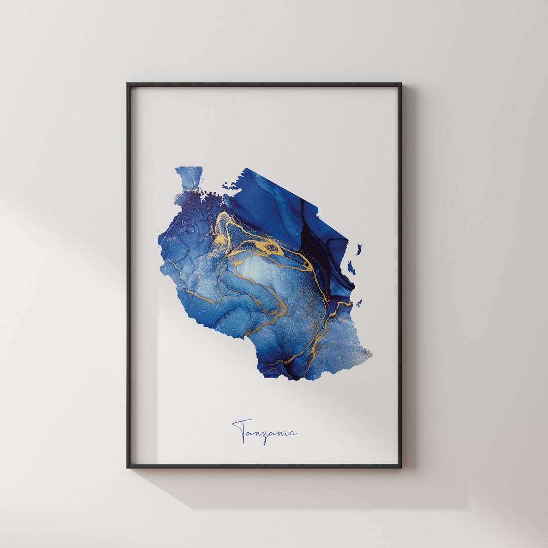 Tanzania Map Blue and Gold Wall Art Print