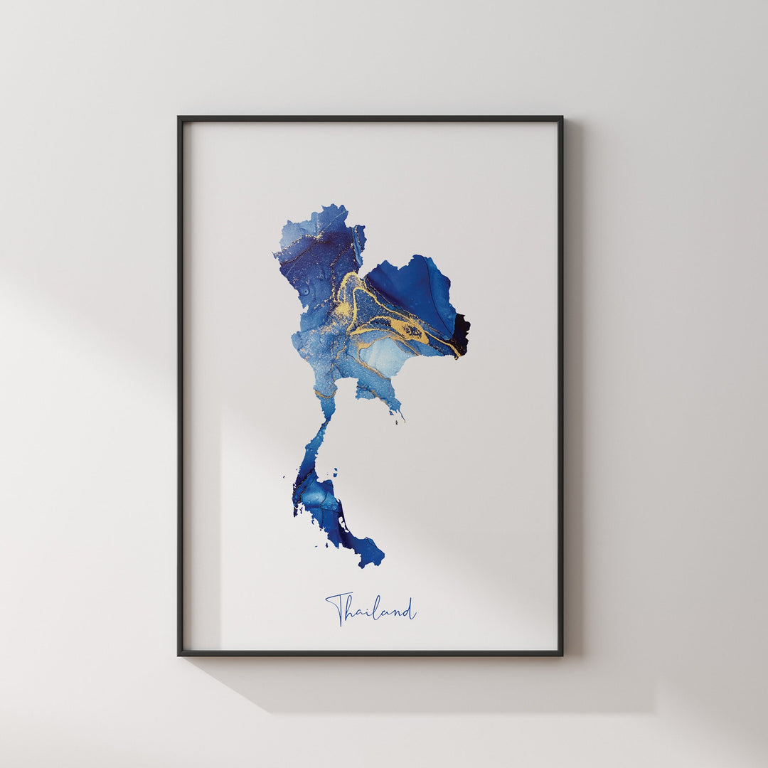 Thailand Map Blue and Gold Wall Art Print