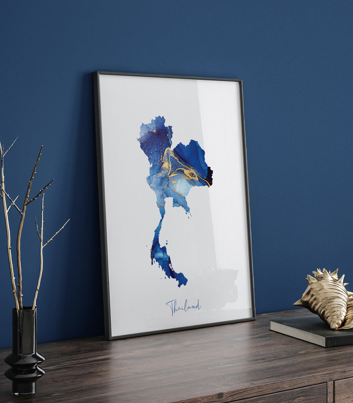 Thailand Map Blue and Gold Wall Art Print