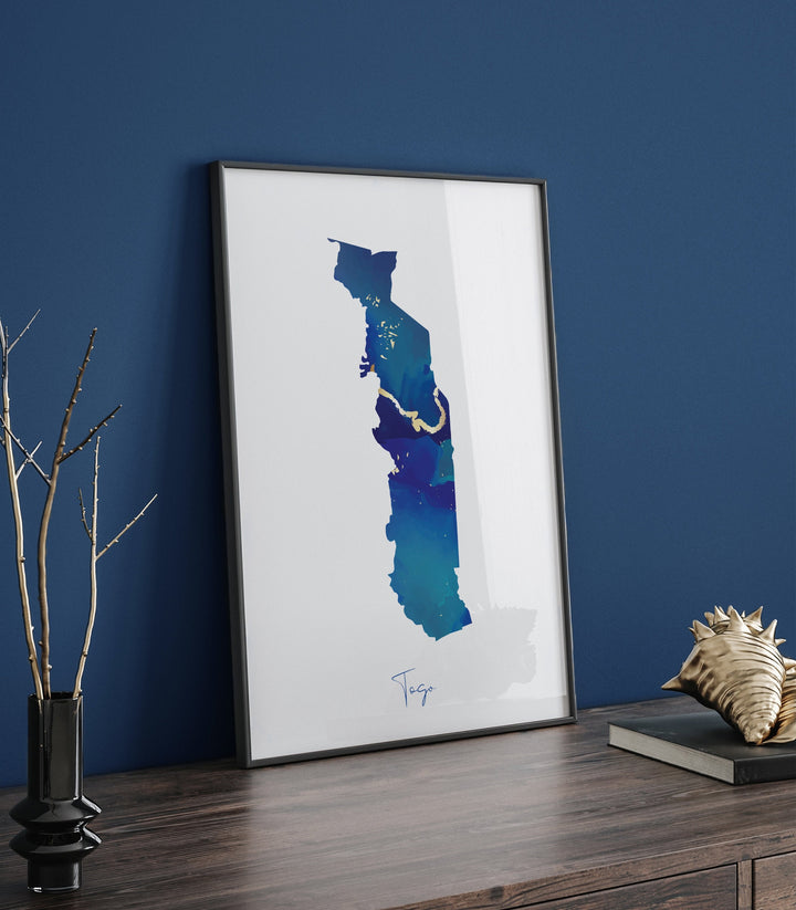 Togo Map Blue and Gold Wall Art Print